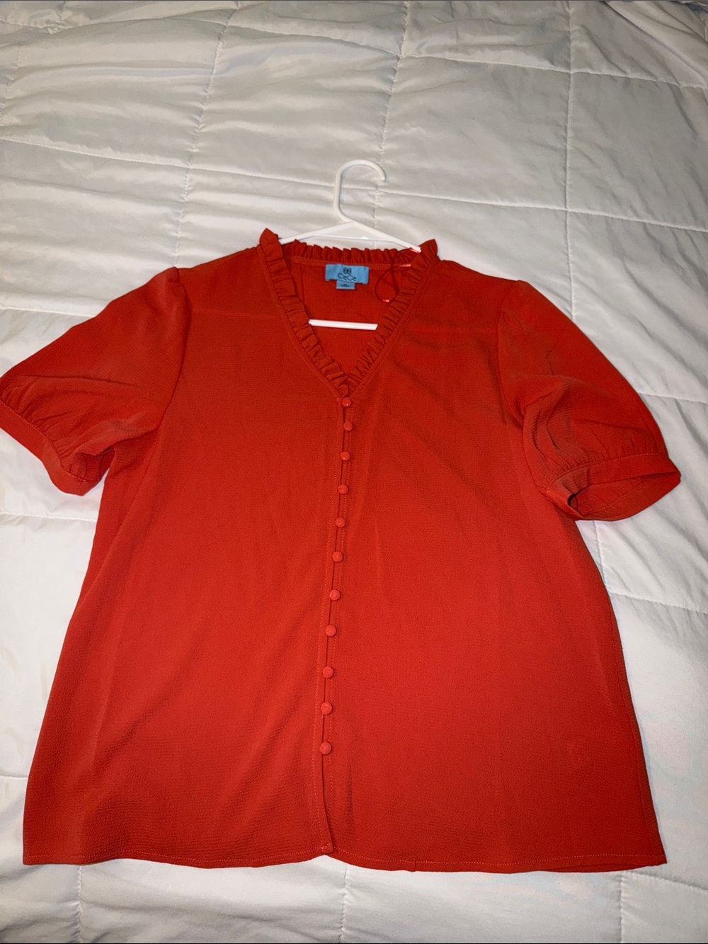CeCe Red Ruffle V-Neck Covered Button Blouse